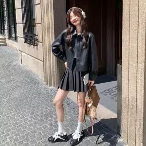 타노스검정 여성 가을 코트 가죽 재킷 쇼트 슬림핏 모터사이클 데일리룩 KUK3