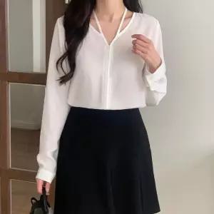 [다잇템]여자 리본홀터넥 분홍색 브이 블라우스 (31929467A)