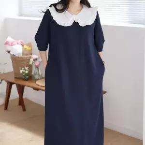 [다잇템]여자 반소매 벌룬 프릴 카라넥 롱원피스 (32387863A)