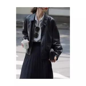 타노스여친 블랙 빈티지 데일리룩 루즈핏 코트 마이야르 레더 숏 점퍼 가죽 자켓 앤티크 KUK1