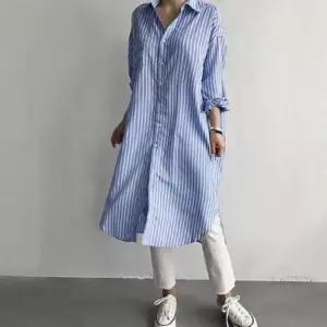 [신상오픈런]여성용 클래식 스트라이프 루즈핏 블루 롱셔츠 (41992803)