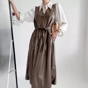 [다잇템]여자 가을하객룩 리본 슬리브리스 V넥 롱원피스 (40220209A)