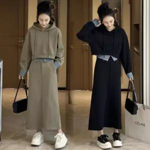 [다잇템]여자 롱치마 맨투맨 면원단 캐쥬얼 후디 세트 (23655803A)