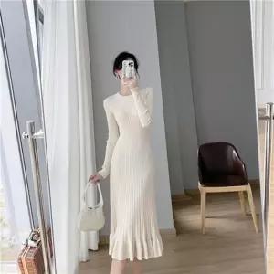 [다잇템]여자 롱슬리브 슬림핏 골지 프릴 롱 원피스 (41006097A)