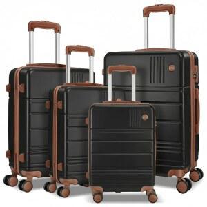 호텔 수하물 세트 4피스, 4년 보증 내구성 있는 여행용 듀얼 스피너 휠 TSA 잠금장치, 경량 하드쉘 PC+ABS 기내 반입 수하물, 블랙(16 / 20 24 28 인치)