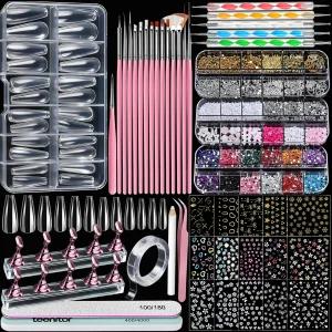 투명한 관 네일 팁 매력 및 보석 스티커 아트 브러시 도팅 도구 스탠드 프레스 온 키트가 포함된 티니터