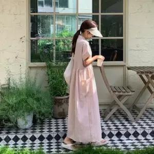 [다잇템]여자 버튼 핀턱 줄지 반소매 롱 카라넥 원피스 (41117472A)