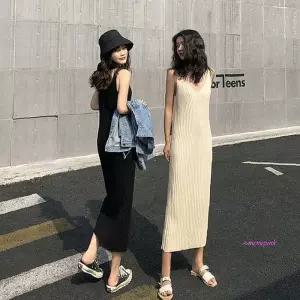 골지원피스 2컬러 롱원피스 나시 블랙 니트 코디 슬림 민소매yza856