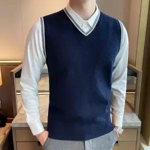 남성니트 젠틀한 가을 겨울 브이넥 퍼 베스트 민소매 조끼 심쿵해외구매