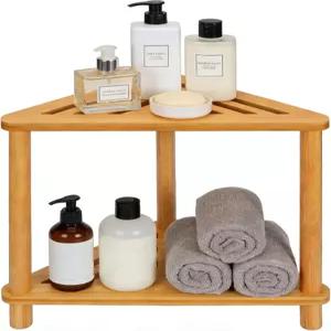 내부 샤워용 대나무 모서리 샤워 의자 면도 다리 작은 공간을 위한 수납 선반이 있는 방수 욕실 벤치 시트