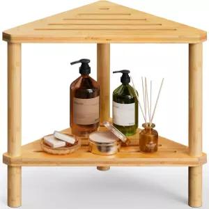 대나무 모서리 샤워 의자 - 내부 면도 다리 및 작은 공간을 위한 방수 수납 선반이 있는 2단 발 받침대