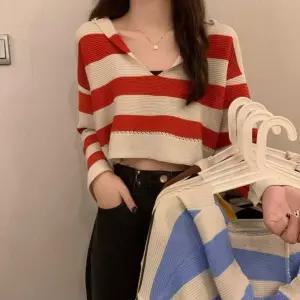 스파이더맨 여사친 니트 브이넥 핫걸 크롭 하이웨스트 숏탑 루즈핏 긴팔티 롱루즈핏티 스트라이프 봄가을 O