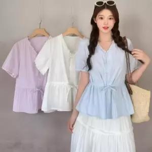 [신상오픈런]여성용 브이넥 레이스 허리조임 반팔 블라우스 (38284018)