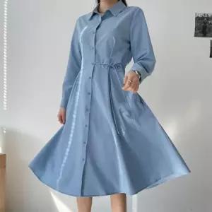 [신상오픈런]하늘색 에이라인 슬림핏 허리조절 종아리기장 셔츠원피스 (30093563)