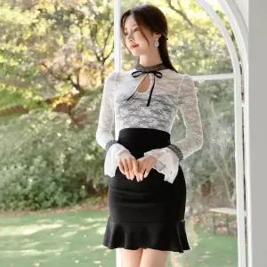 여성원피스 러블리 소매 코트 레이스 머메이드 투피스 크로스 가을 원피스 심쿵빛