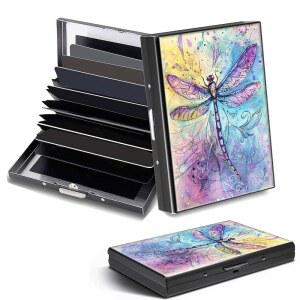 DHYYDSQZ 신용카드 소지자, 드래곤플라이 수채화 디자인 미니 RFID 차단 알루미늄 지갑 슬림 메탈 하드 케이스 쉘 여행 ID 여성 남성용 소형 명함