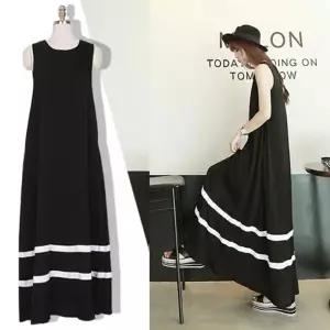 여자 민소매 밑단 배색 롱 원피스 슬림핏 바캉스룩