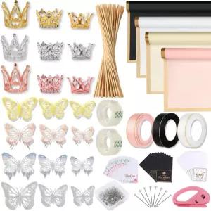 마지리 꽃 포장지 키트 80매 방수 꽃지 꽃다발용 롤 리본 3개 투명 테이프 2개 핀 100개 3D 나비 48개