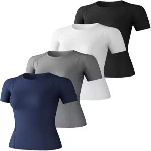 CL 콘발라리아 4팩 여성용 압박 셔츠 쿨 드라이 롱 반팔 운동 상의 요가 체육관 러닝용