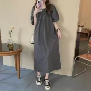 [다잇템]여자 SS 흰색 컷아웃 벌룬소매 차콜 롱원피스 (12262185A)