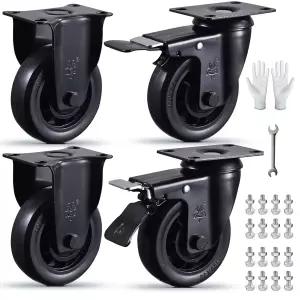 4인치 헤비 듀티 고정 캐스터 휠 4개 세트 브레이크 2200Lbs 적재 용량 카트 가구 및 작업대용 무음 탄성