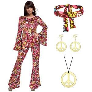 70년대 여성 히피 의상 세트 할로윈 드레스 벨 하의 보호 플레어 팬츠 드레스업 파티