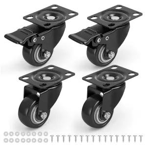 브레이크 헤비 듀티 PU 플레이트 캐스터 잠금 장치 2개 및 가구 작업대 카트용 회전 2개가 포함된 2인치 휠