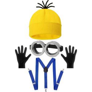 헤이피즈 성인 할로윈 코스튬 액세서리 4종, 옐로우 비니/서스펜더/고글스 안경/장갑 코스프레 파티 세트