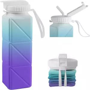 여행 캠핑 하이킹 자전거 및 야외 스포츠를 위한 빨대 스트랩 BPA 프리 누수 방지 실리콘 접이식 물병 컵