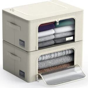 금속 프레임이 있는 소버스 보관함 - 쌓을 수 있고 접을 옷 정리 가방 큰 투명 창과 휴대용 손잡이가