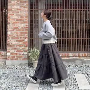 [다잇템]여성 고무줄 프릴 티어드 캐쥬얼 롱스커트 (24263677A)