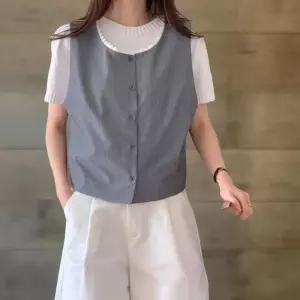 [신상오픈런]여성 대형 레이스 조합 버튼 둥근 심플 베스트 (33265496)