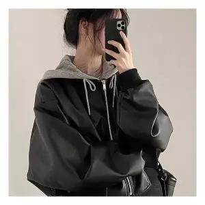 LnD 여성 후드 레더자켓 박시핏 페이크레더 점퍼 항공점퍼 가죽자켓 루즈핏 3124752