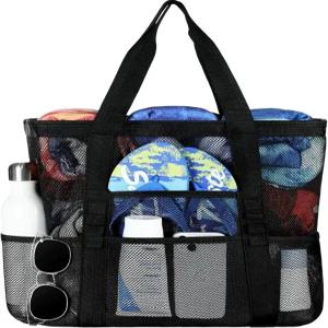 타발루 메시 비치 백 - 가족 여행/휴가를 위한 다기능 포켓이 있는 대형 토트