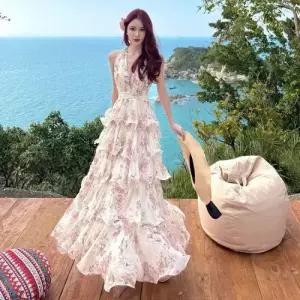 원피스 여자 드레스 쉬폰 홀터넥 바캉스 케이크 롱스커트 프린트 생일 프렌치 KS1