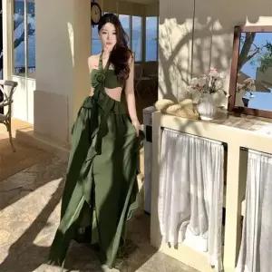 원피스 스커트 여자 롱 가을 쉬폰 프렌치 끈 홀터넥 슬립 비치 바캉스 찰랑 KS3