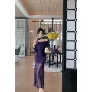 일자 트임 어깨 쉬폰 긴팔 원피스 치마 여친 롱 KS1