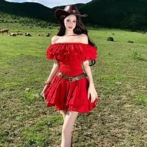 원피스 스커트 빨강 여자 쉬폰 프렌치 바캉스룩 일자 어깨 슬림핏 KS1