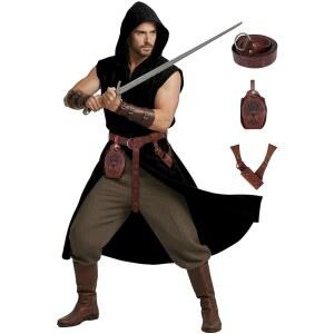 딕소저 르네상스 남성용 중세 의상 세트 - 4PC 바이킹 후드 민소매 서코트 할로윈 코스프레 의류