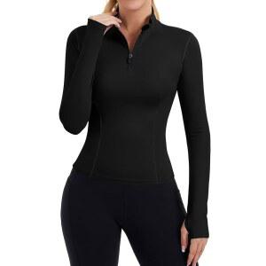 젠웨이 여성 운동복, 긴 소매 쿼터 지퍼 풀오버 퀵 드라이 골프 셔츠 운동 슬림 핏 크롭 요가 체육관 상의