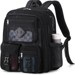 학교용 헤비 듀티용 문베이비 메쉬 백팩 비치 수영 스포츠 직장 여행용 넷백팩 남학생용 반투명 (블랙)