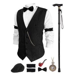 1920년대 남성 의상 세트 포어링 20대 갱스터 의상에 페도라 모자, 빈티지 조끼, 포켓 워치 및 클립온 보타이를 착용했습니다