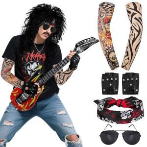 남성용 할로윈 80년대 로커 의상 세트 히피 가발 타투 슬리브 장갑 헤드밴드 풍선 기타 펑크 소품 액세서리