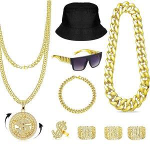 LOFITO 12PCS 80년대 남성용 액세서리 여성 힙합 래퍼 코스튬 키트 올드 스쿨 선글라스 가짜 골드 도금 로프 체인 팔찌 달러 사인 링 귀걸이 반다나 코스프레 주얼리