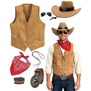 남성용 민카식 7pcs 카우보이 의상 파티용 웨스턴 조끼 액세서리