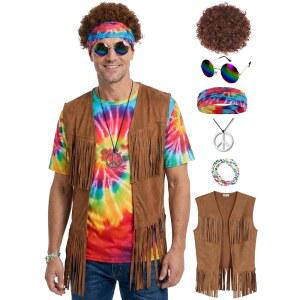 위안자 70년대 남성용 의상 7pcs 히피 타이 다이 티셔츠 프린지 베스트 평화 목걸이 가발 선글라스 머리띠