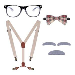 Gvhntk 노인 의상 세트 할아버지 드레스업 액세서리 키트 멜빵 보타이 안경 콧수염 눈썹 남성용