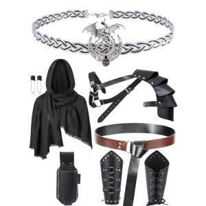 코테자 바이킹 르네상스 의상 세트 - 6개 빈티지 클래식 블랙 어깨 갑옷 셀틱 문 실버 드래곤 서클렛 엘프 크라운 가죽 벨트 헤드밴드 코스프레 중세 남성 키트