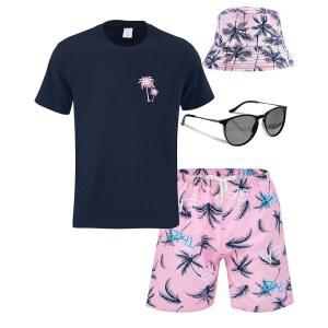 큐티크롭 4종 남성 하와이안 아웃핏 셔츠와 숏 세트 여름 코코넛 트리 운동복 드로스트링 버킷 모자 선글라스