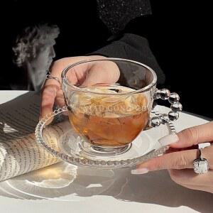 하트 유리찻잔 홍차잔 허브티 비즈 접시 유리컵 받침 구슬 투명찻잔 홍차 허브티잔